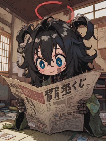 宝くじの当選番号を探すサイボーグ貧乏神ちゃん