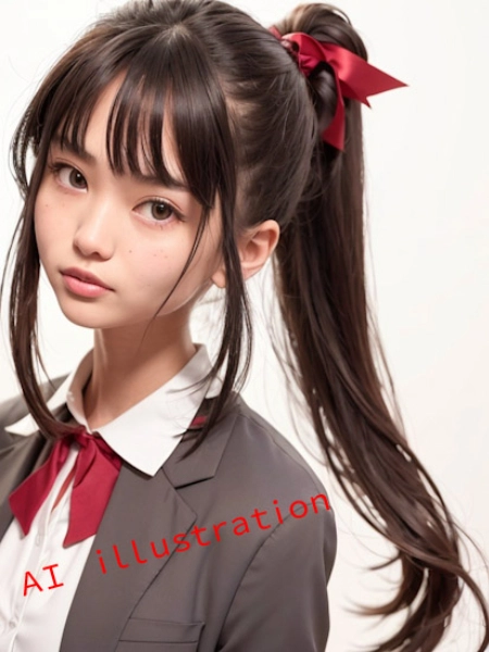 ポニーテール美少女／灰色のブレザー（単発画像）