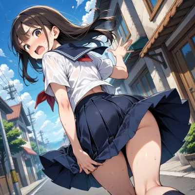突風に驚くJK