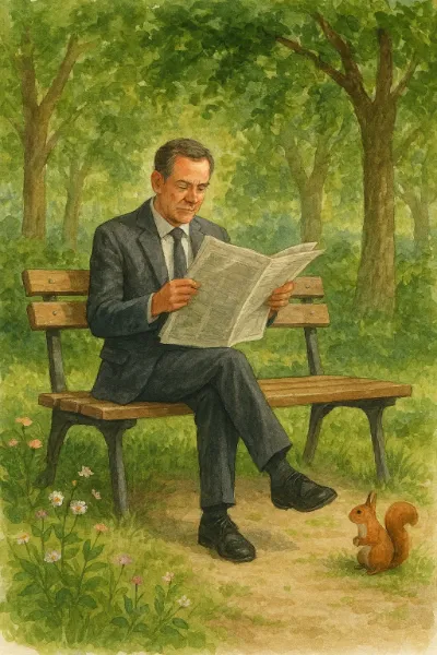 公園のベンチで新聞を読む男性