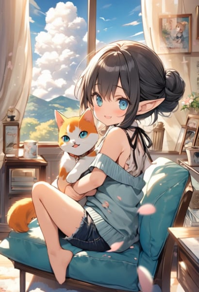 くつろぐエルフさんとにゃんこ