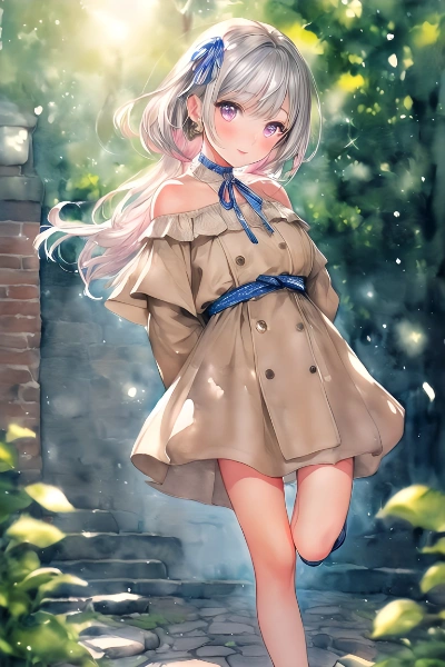 ベージュのオフショルダーワンピース（水彩）