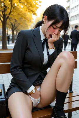 秋のベンチで欠伸するスーツの彼女