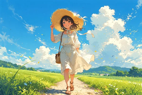 夏の風に誘われて草原を歩く少女