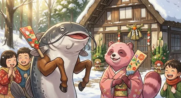 馬の脚をもったナマズとピンクのたぬき
