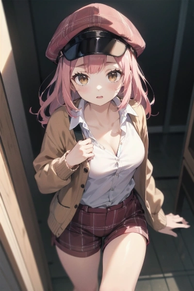 赤チェックの帽子とショーパン