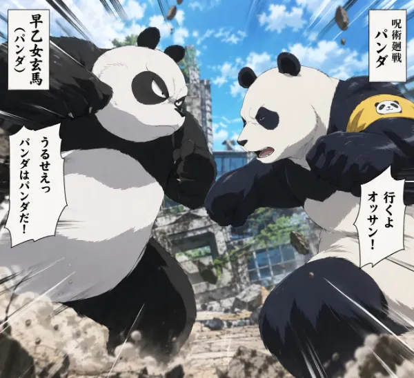 廃墟に響くパンダの激突