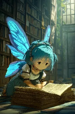 青い妖精が古い魔導書に夢を綴る
