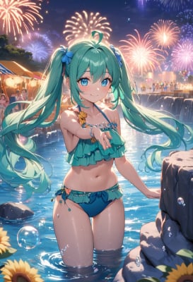 向日葵と花火と海
