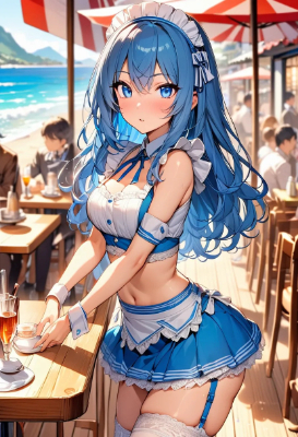 海辺の青髪ウエイトレスさん