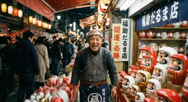 雪舞う縁日のだるま屋親父