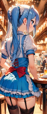 後ろ姿の黒ストウエイトレスさん