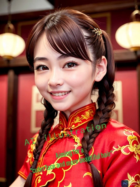 二束の三つ編みな美少女は、チャイナドレスのような衣装で