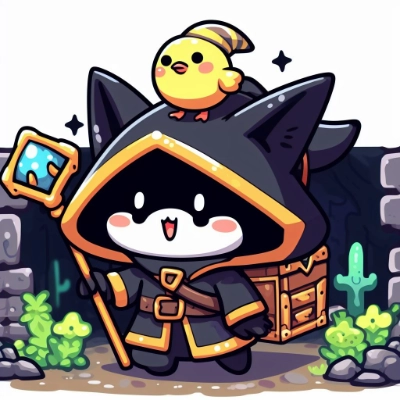 頭の上に小さなヒヨコが乗っかっている黒猫の顔の魔導士のかわいいキャラがダンジョン内を探索する