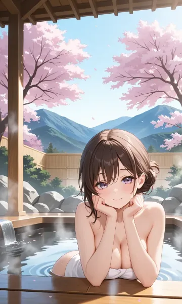 桜の湯に微笑む美女