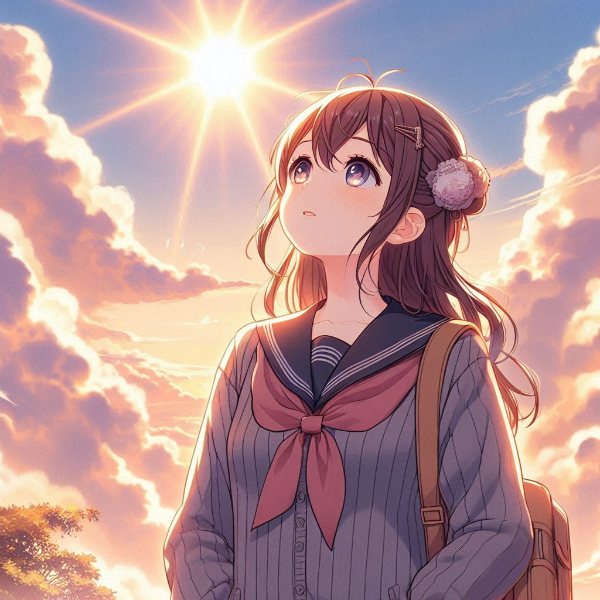 朝日を見上げている女の子