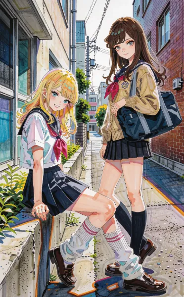街角で笑う制服の二人