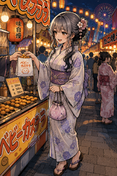 お祭りでベビーカステラを買う浴衣女子♡