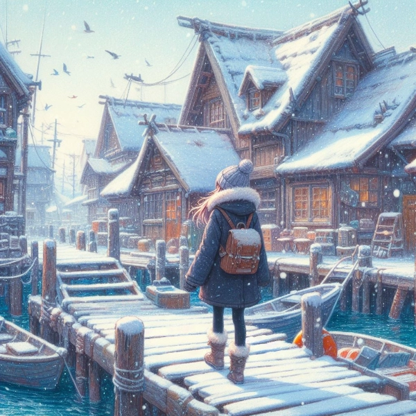 雪が降る漁村に