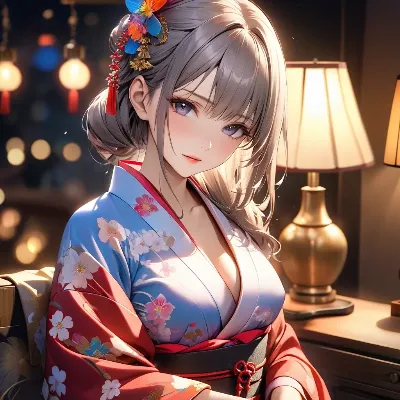 灯火に浮かぶ浴衣の美女