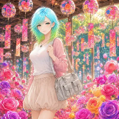 花畑のグラデーションヘア少女