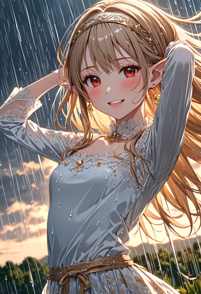 雨の花畑で微笑むエルフの少女