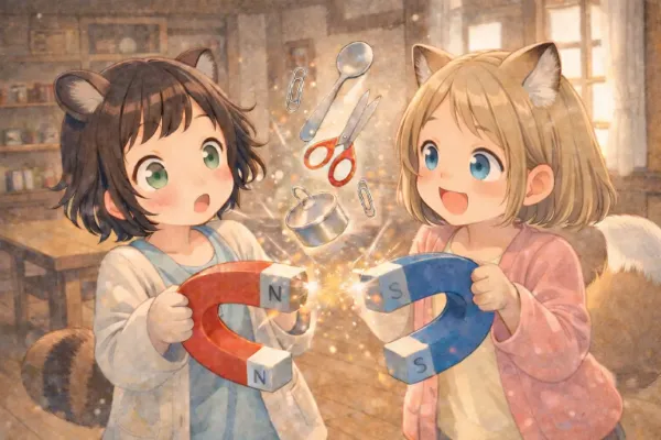 コン子とポン子・磁石で遊んだ