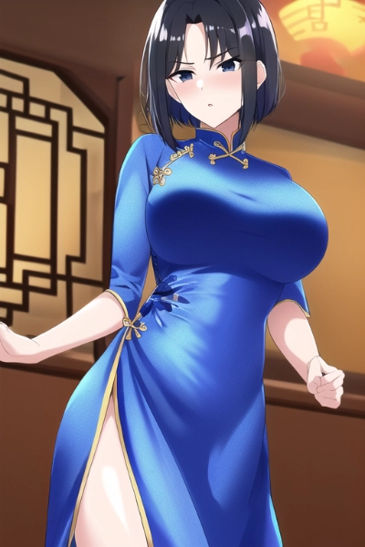 青チャイナドレス娘