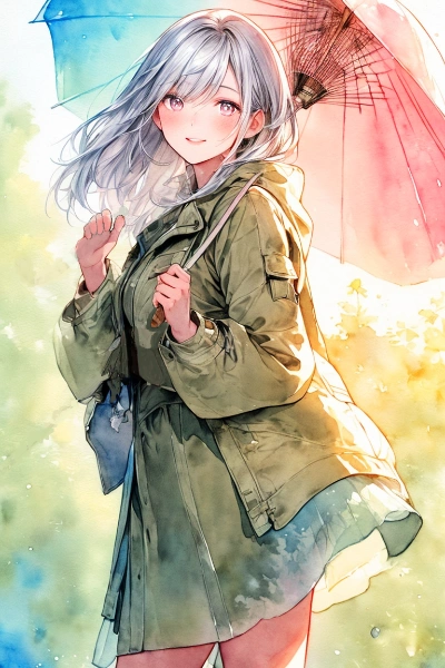 雨の日の出迎え（水彩）