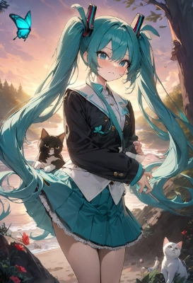 黄昏時の海辺と猫とミク