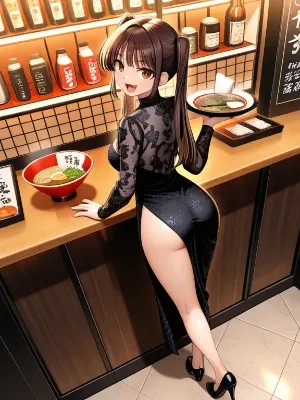 ラーメン屋で輝く黒ドレスの少女