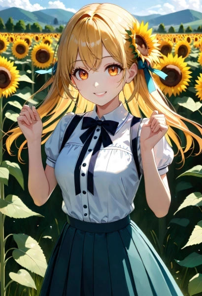 ひまわりの咲く野原でえみを浮かべる少女