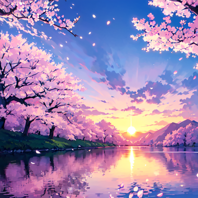 夕日に舞う桜