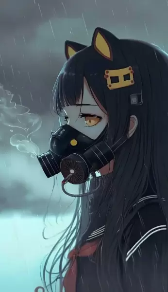 小雨の中物憂げなガスマスクガール