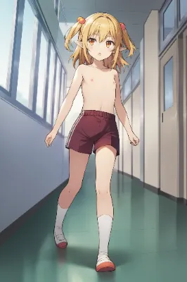 廊下で上半身裸に体操着の短パンのエルフさん
