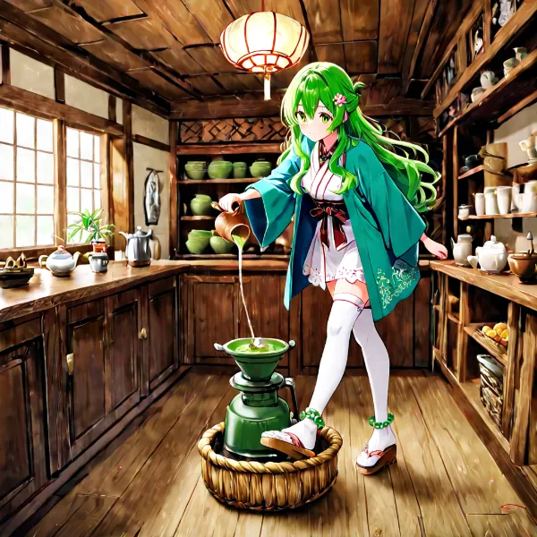 緑髪少女の抹茶ポアリング(お茶漬けの日コーデ、ディシー)