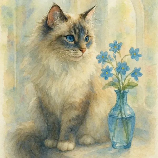 青い花と猫の静かな午後