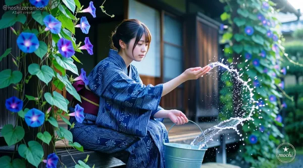 瑠璃色の涼：縁側の朝顔と水の記憶