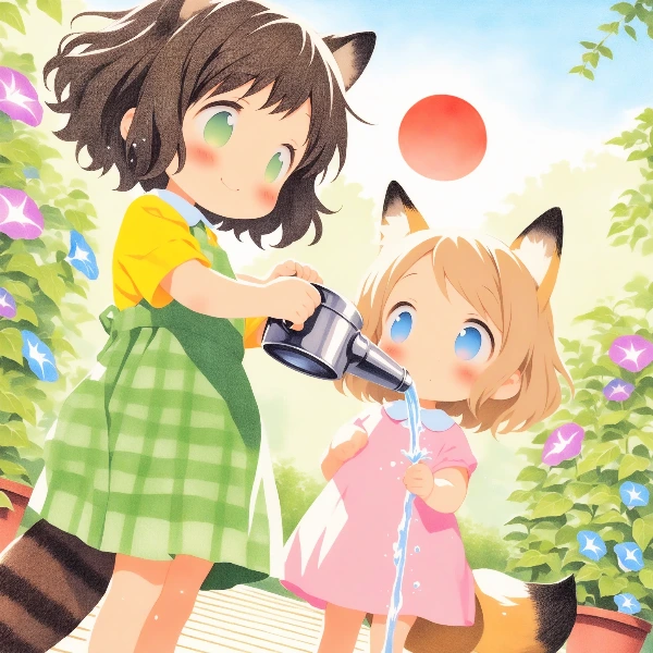 コン子とポン子・朝の水やり