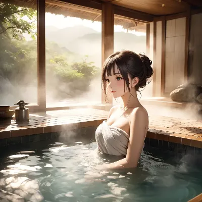 霧の温泉に浸かる美女