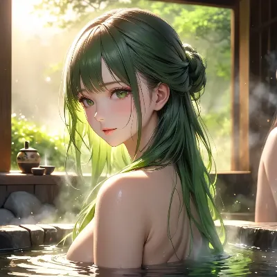 緑髪の美女と温泉の朝