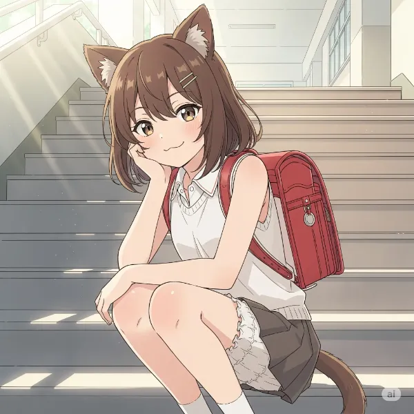 階段のネコミミ少女