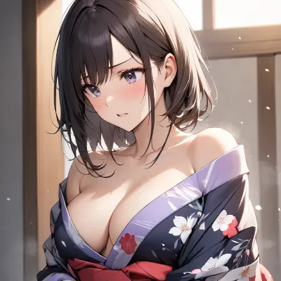 桜舞う浴衣の美女