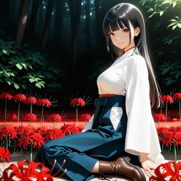 赤い彼岸花と袴姿の私