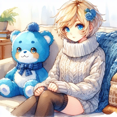 ニットを着た少女とぬいぐるみ