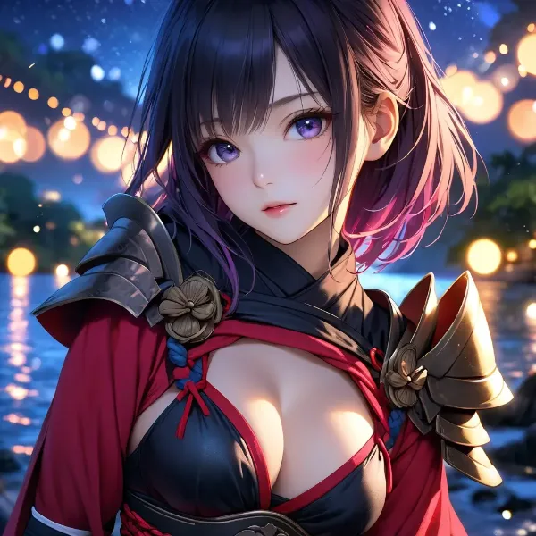 夜灯りに佇む紫眸の戦士