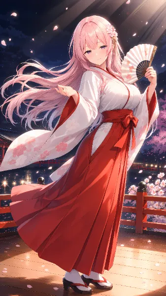夜桜の舞台で扇をひらいて