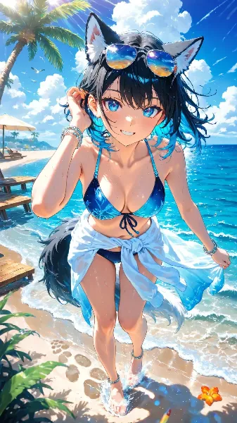 夏の海で輝く狼耳少女の笑顔
