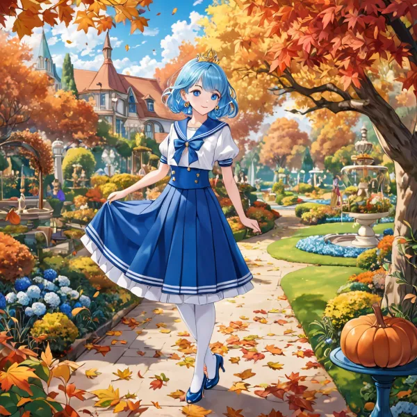 秋の庭園に咲く青い花