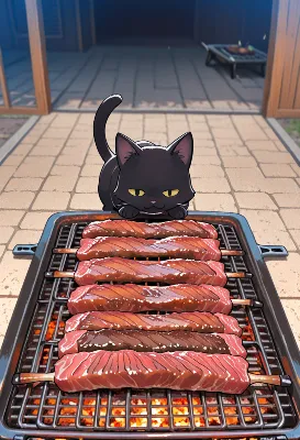 黒猫のじっと見つめる焼肉の夜
